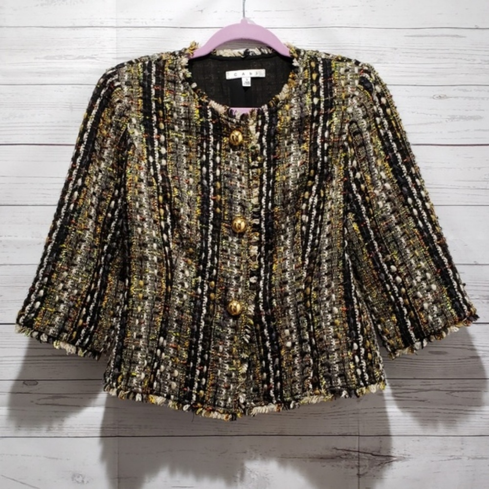 *SOLD* CAbi Paris Boucle Tweed Fringed Lined Jacket S - Picture 2 of 8